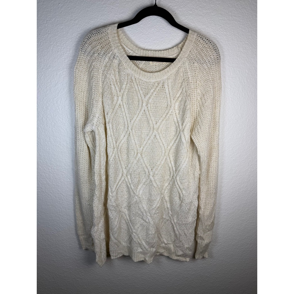 Ivory Gold Cable Knit Sweater W XL Oversized Romantic Grandmother Cottagecore